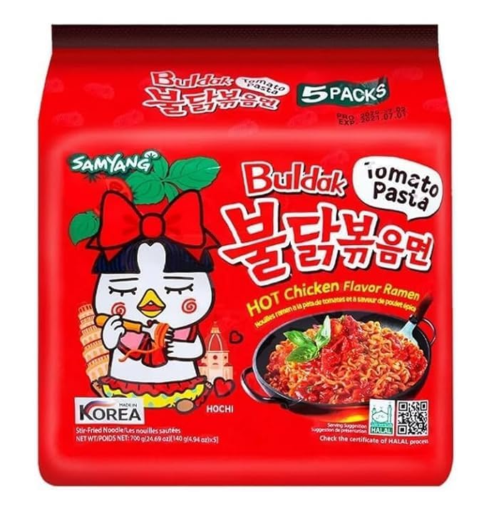 Samyang Buldak Hot Spicy Chicken Ramen Noodle Korean Stir-Fried Ramen, Tomato Pasta Flavor, 5 Pack For Each Flavor (10, Tomato)