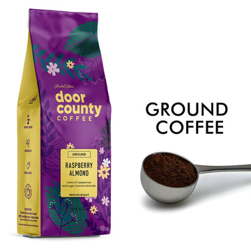 Door County Coffee Raspberry Almond, Flavored Coffee Ground | 8 Oz Bag | Spring-Summer Seasonal | Medium Roast | 100% Specialty