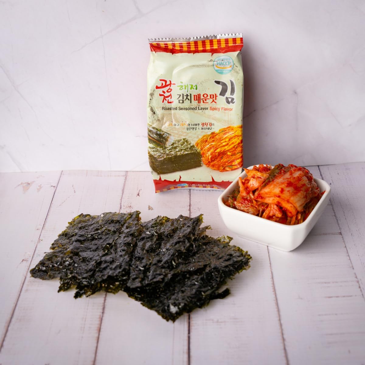 Korean Crispy Seaweed Snacks, Kimchi Spicy Flavor - 12 Individual Sheets Roasted Nori, Vegan, Gluten-Free, 100% Natural Laver