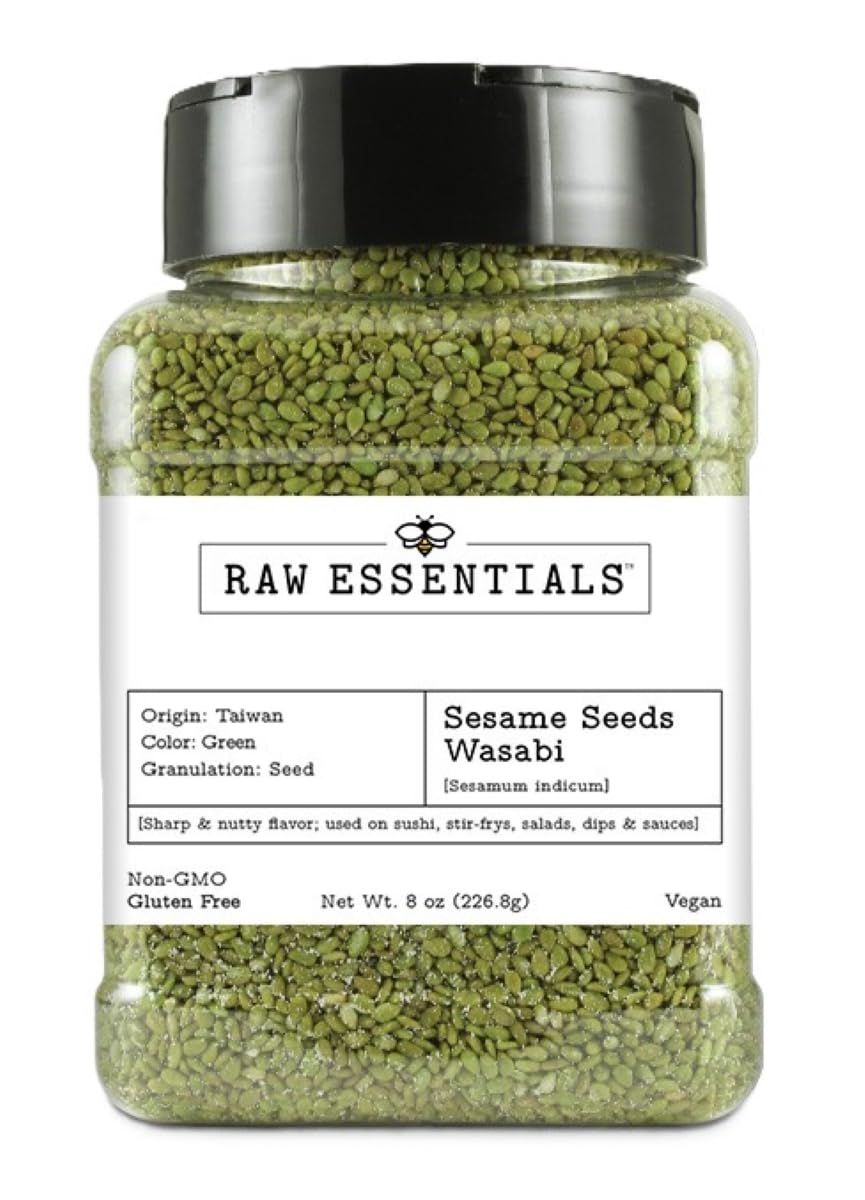Raw Essentials Wasabi Sesame Seeds - Bold, Nutty Flavor with a Spicy Kick for Sushi, Stir-Fries, Salads, and More -Non-GMO, Vega
