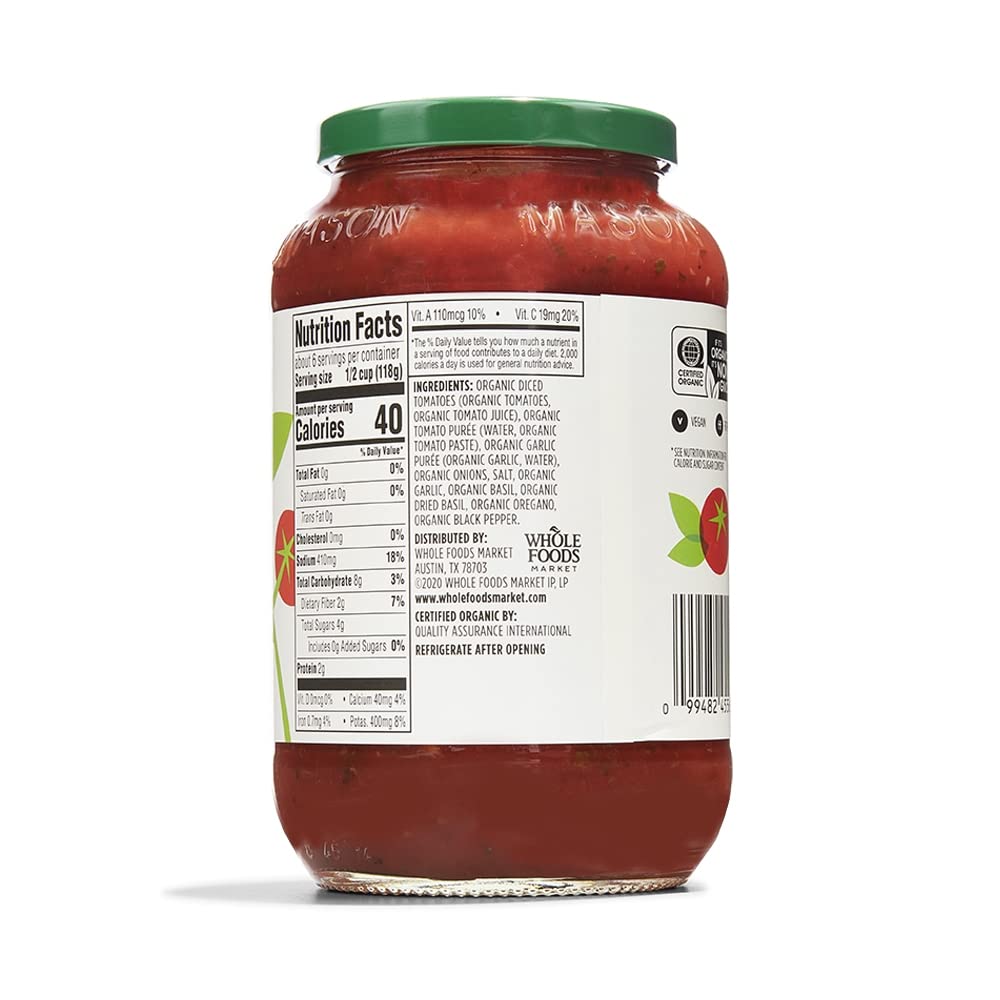 365 by Whole Foods Market Organic Fat Free Marinara Pasta Sauce, 25 Ounce, 1.56 lb, Perfect for Healthy Cooking