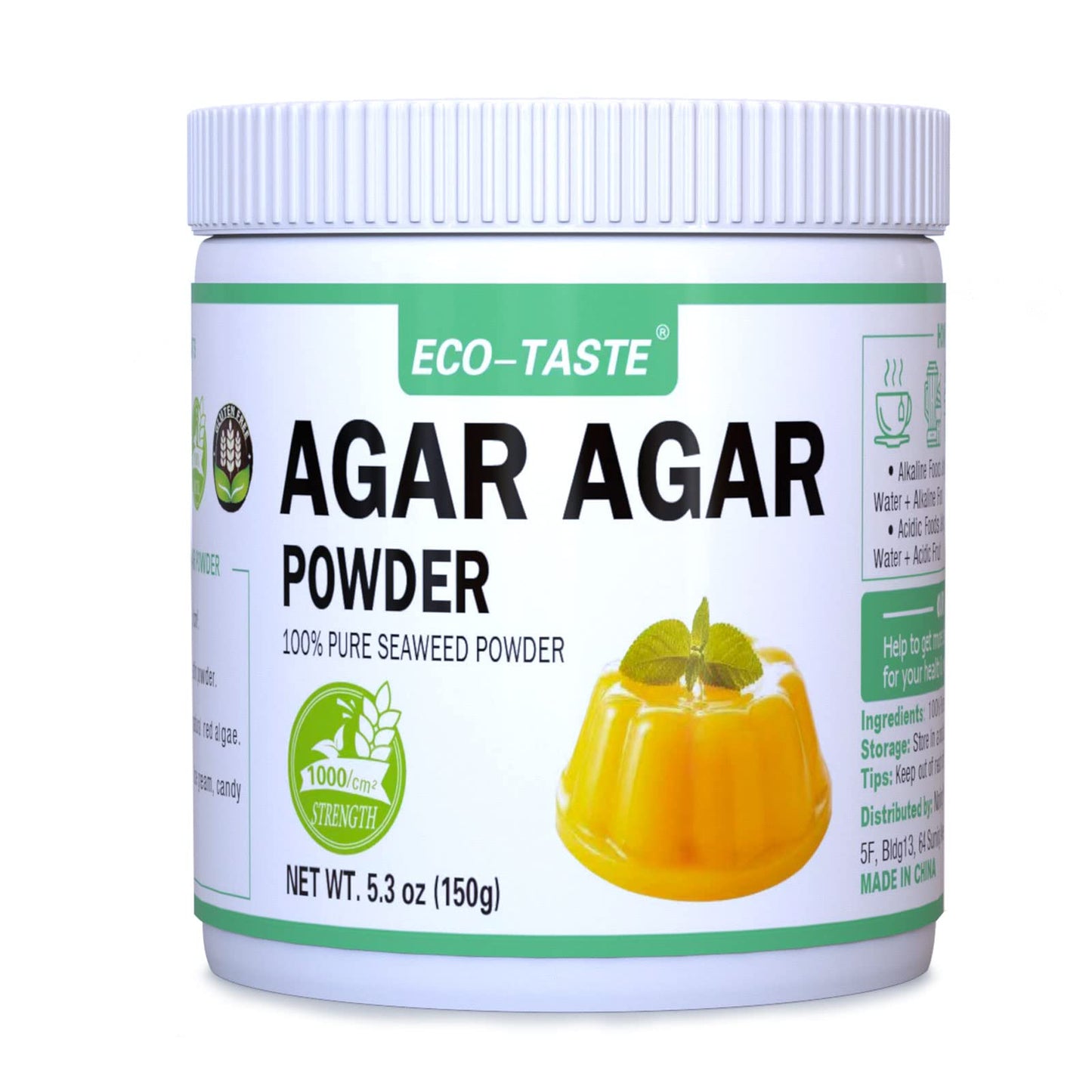 Agar Agar Powder 1000 Strength, 100% Natural Seaweed, Vegan Gelatin Substitute, Gluten-free, Non-GMO, Planted-Based, Unflavored,