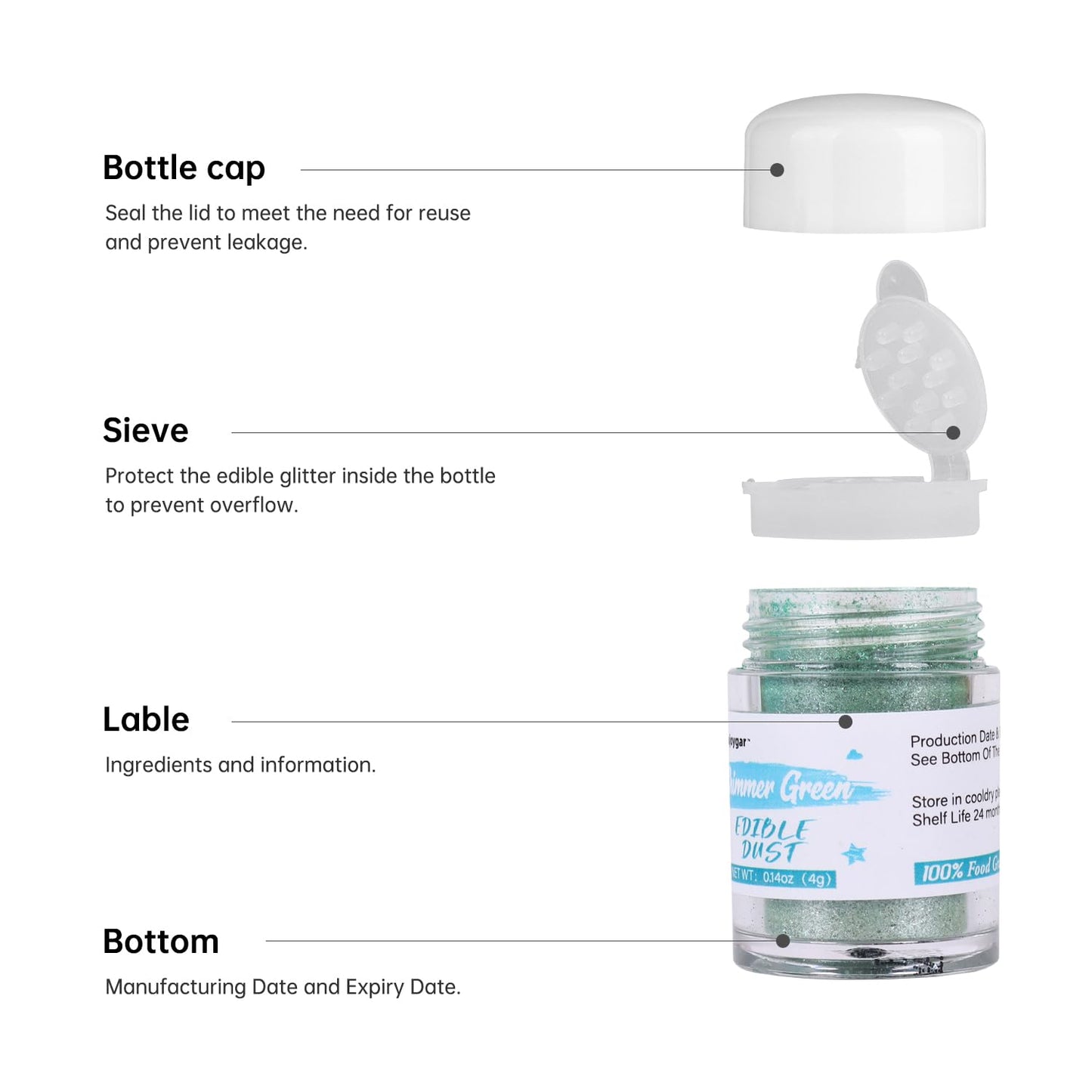 Sujoygar Edible Glitter for Drinks, Shimmer Green, 4g, Food Grade Luster Dust for Cake Decorating and Baking