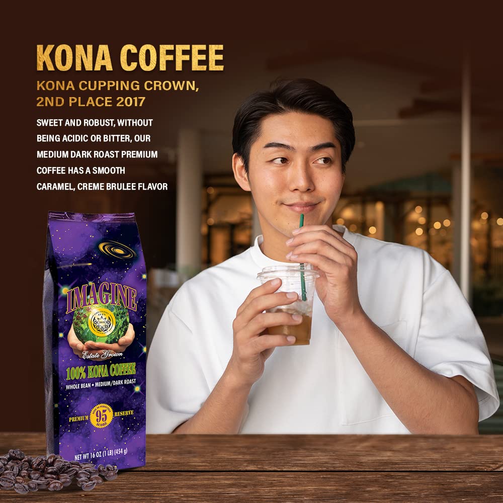 Imagine Kona Organic Coffee Beans | Arabica Kona Beans | Top Grade Air Roasted | Medium Dark Roast | Organic Whole Bean - 16Oz