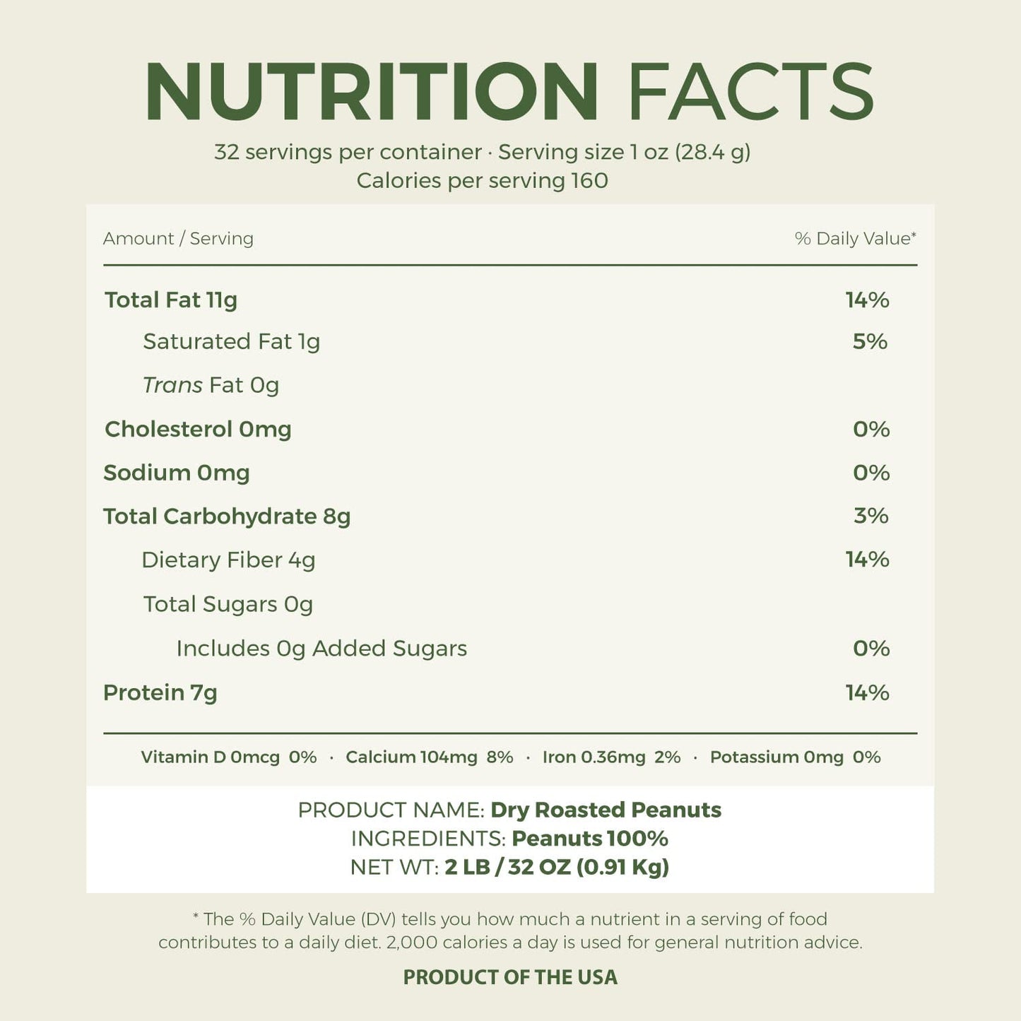 Beyond Nature Dry Roasted Peanuts - Unsalted 2 Pound (32 oz) Vacuum Sealed Non GMO, No Oil & No Salt, Low Carb, Keto Friendly &
