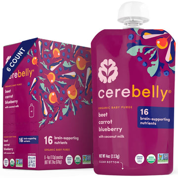 Cerebelly Organic Baby Food Pouches, Beet Carrot Blueberry Purees, 16 Nutrients, No Added Sugar, Fiber & Non-Gmo, 4Oz, 6 Pack