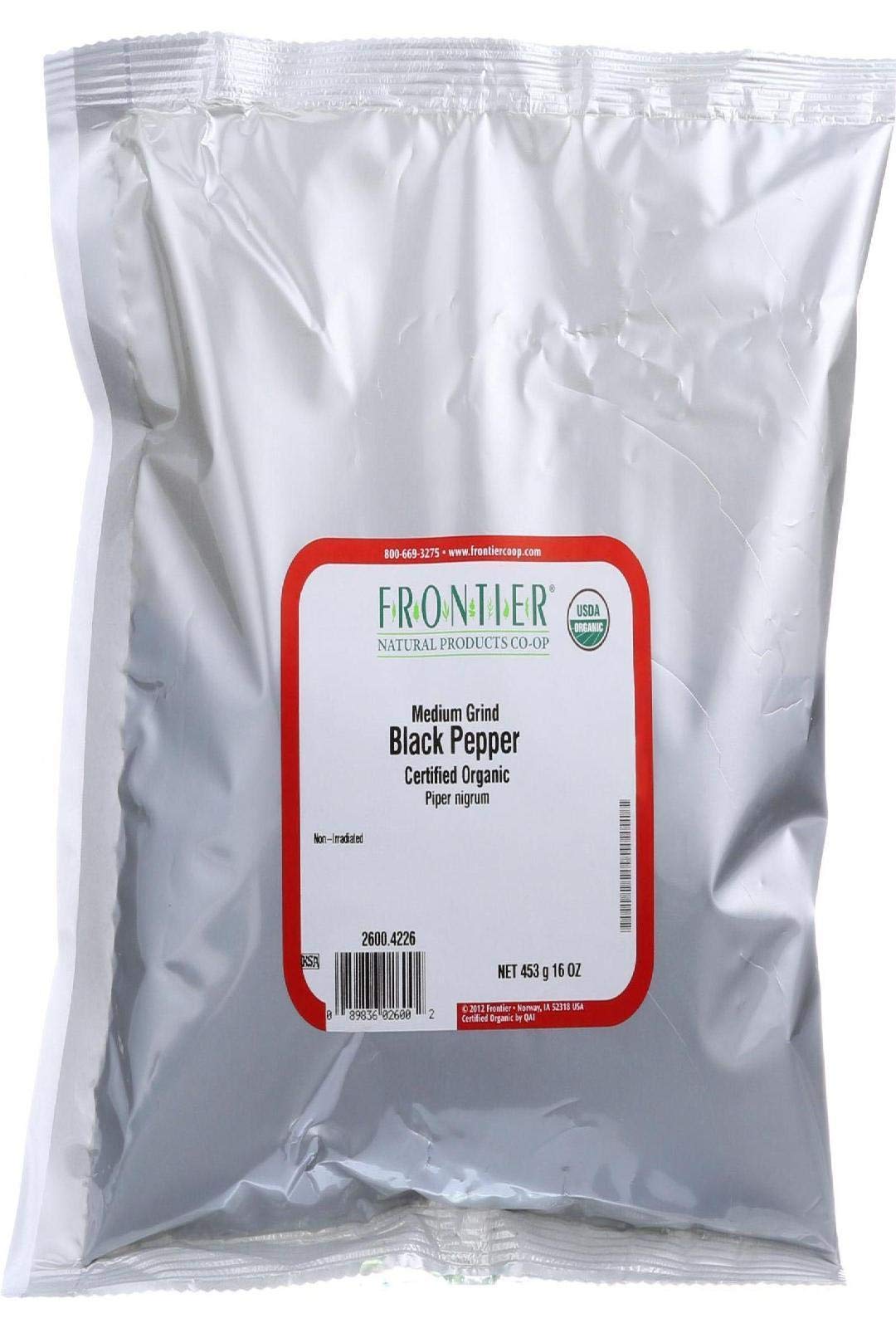 Frontier Natural Products Co-Op Organic Medium Grind Black Pepper 16 oz (453 Grams) Pkg