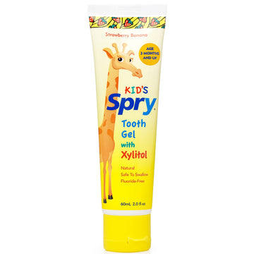 Spry Xylitol Baby Toothpaste, Natural Toddler Toothpaste, Fluoride Free Toothpaste For Kids, Xylitol Toothpaste For Kids Age 3 Months And Up, Tooth Gel Strawberry Banana 2 Fl Oz (Pack Of 3)