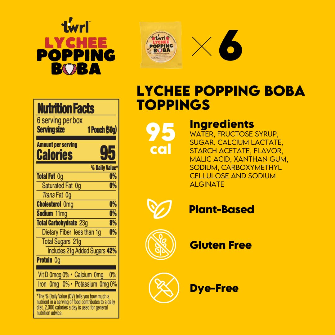 Twrl Lychee Popping Boba for Bubble Tea - Cafe Style Bursting Juice-Filled Pearl Toppings at Home Instant Plant-Based Gluten-Free Dye-Free No High Fructose Corn Syrup - 6 Single Servings