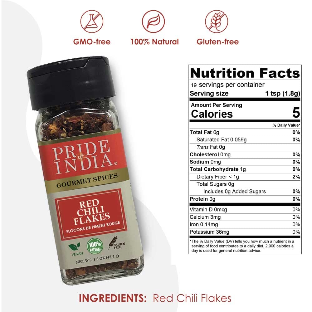 Pride Of India ?Red Chili Flakes ?Gourmet Spice/ Culinary Must Have ?Pleasant Heat/ Distinct Flavor & Aroma ?Sprinkle Onto Pizza