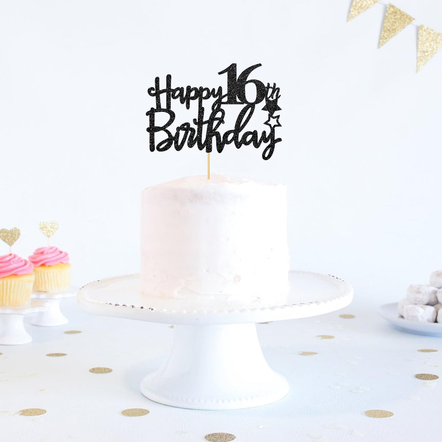 Black Glitter Happy 16Th Birthday Cake Topper, 16Th Anniversary, Sweet 16, Cheers To 16 Years Party Decorations