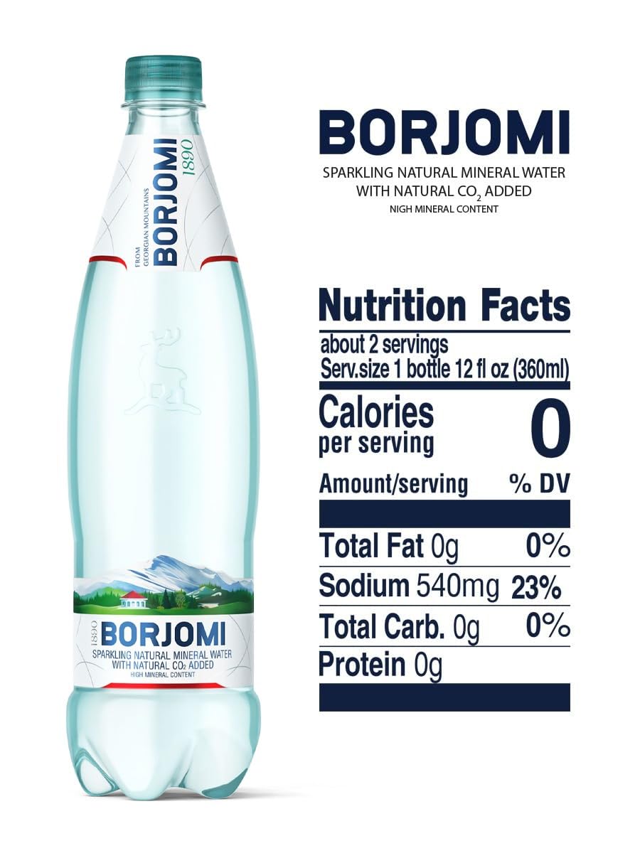 BORJOMI Sparkling Mineral Water, Naturally Carbonated, 25.3 fl oz, 6 Pack, Bottled from Georgian Volcanic Springs