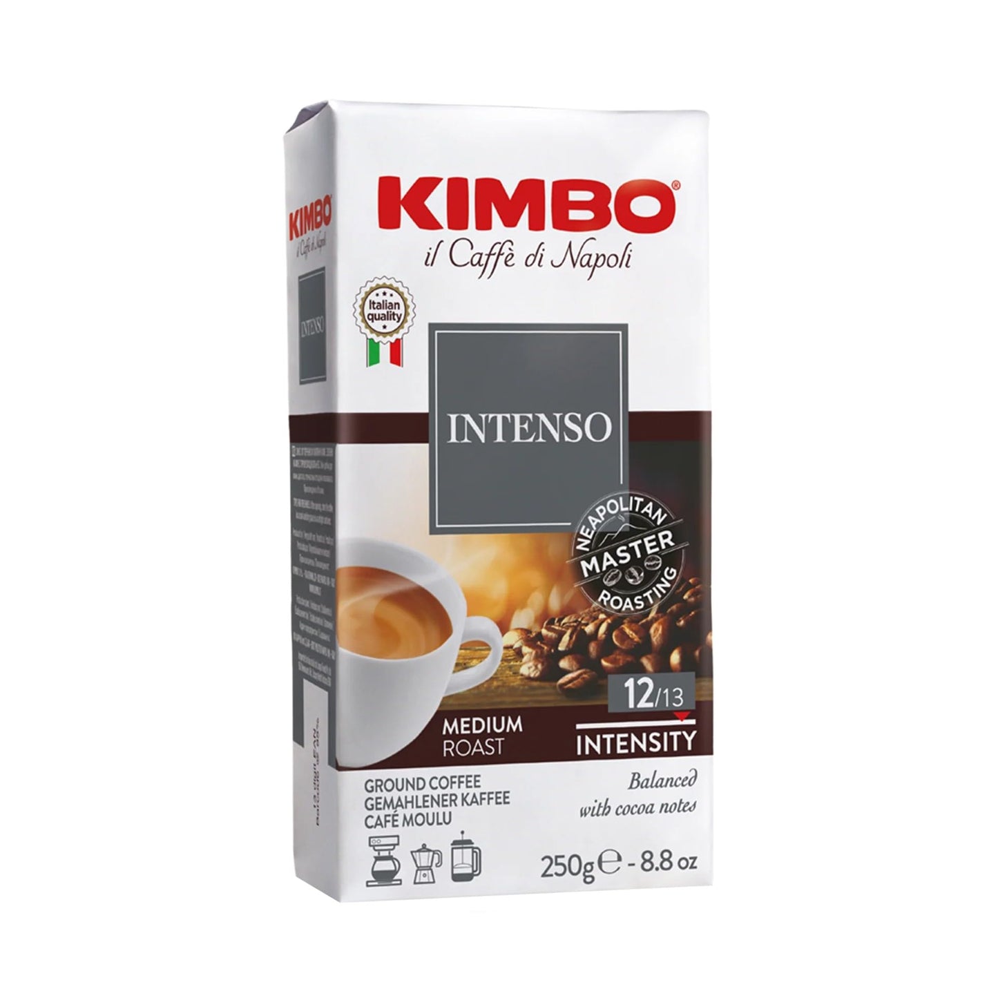 Kimbo Intenso, Ground Coffee, Dark Roast, 10/13 Intensity, 8.8 oz (250g) Brick