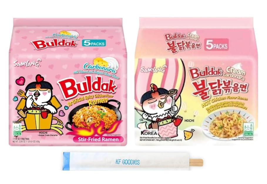 Samyang Buldak Hot Spicy Chicken Ramen Noodle Korean Stir-Fried Ramen, Carbonara & Cream Carbonara Flavor, 5 Pack For Each Flavo