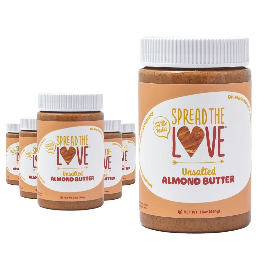 Spread The Love Unsalted Almond Butter (All Natural Vegan Gluten-Free Creamy No Added Salt No Added Sugar No Palm Fruit Oil Not Pasteurized With Ppo) (6-Pack)