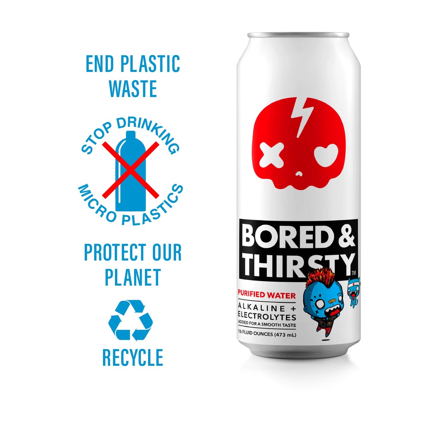 Bored & Thirsty Supreme Water with Electrolytes, 16 Fl Oz, 12 Pack, 100% Recyclable Aluminum Cans, Limited Edition Can Art
