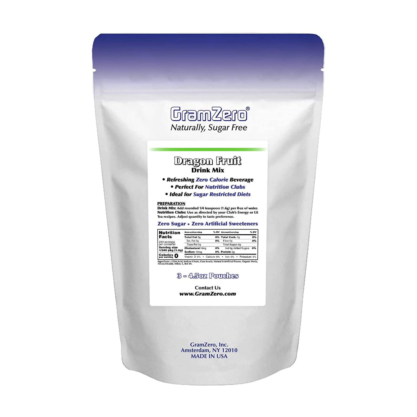 Gramzero Dragon Fruit Zero Calorie Sugar Free Drink Mix, Great For Nutrition Club Loaded Tea, Stevia Sweetened