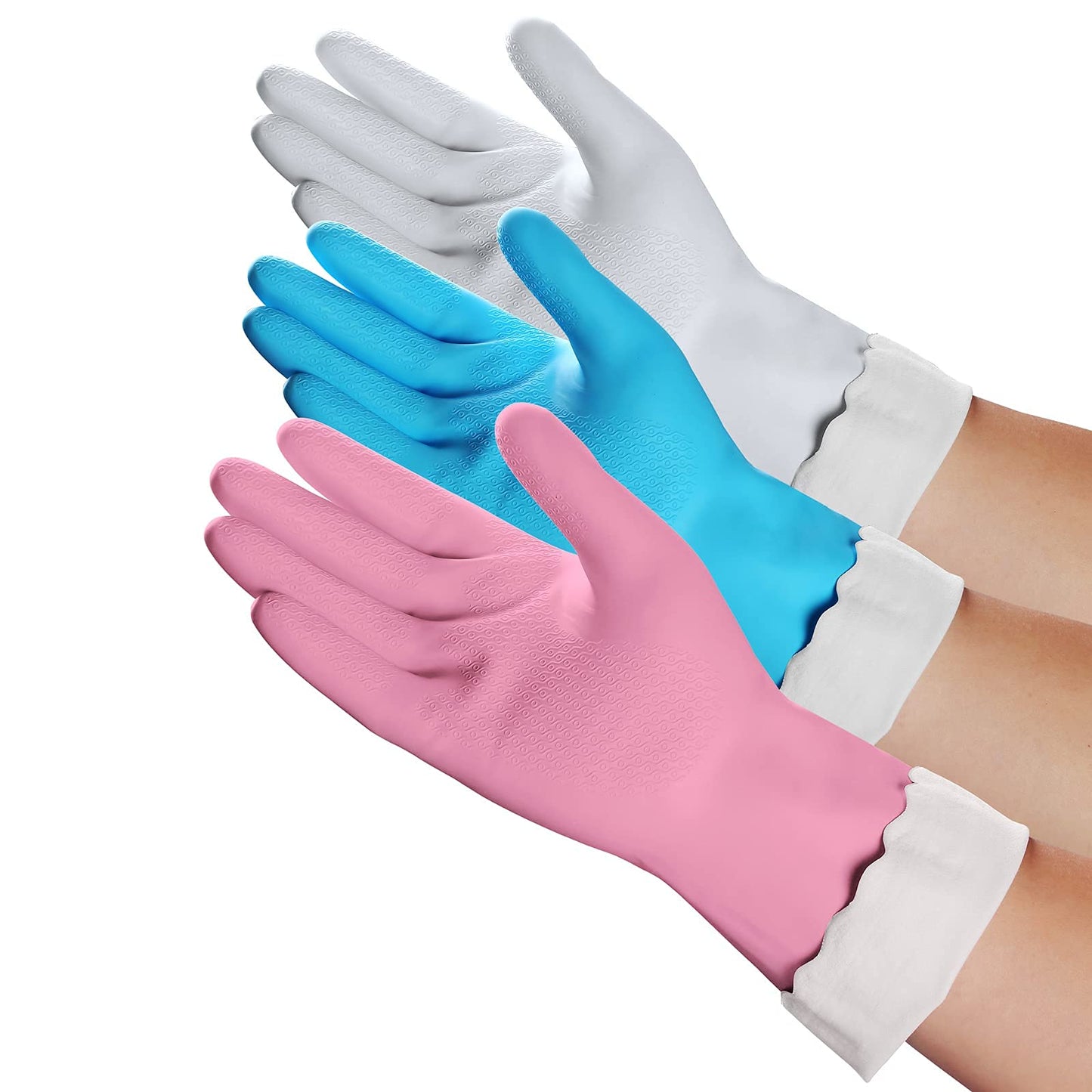 Household Cleaning Gloves - Reusable Kitchen Dishwashing Gloves With Latex Free, Cotton Lining, Waterproof, Non-Slip (Large, 3 P