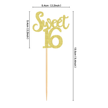 Ercadio 24 Pack Sweet 16 Cupcake Toppers Gold Glitter Age Sixteen Cupcake Picks Anniversary 16Th Kids Birthday Party Cake Decors