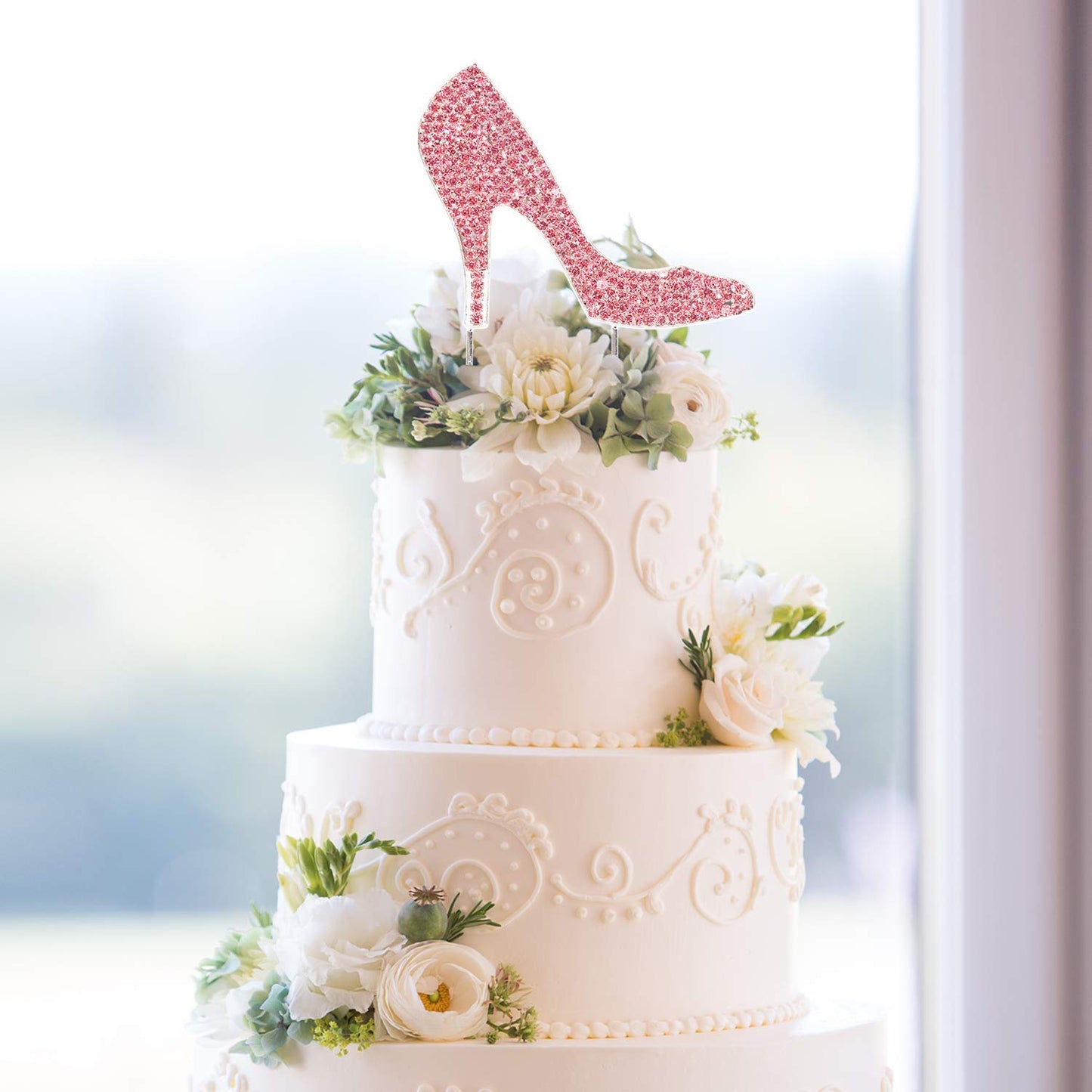 LINGTEER High Heel Cake Topper, Pink Rhinestone Crystal, 3.9 x 6.7, Model B07L2GK7P1, Perfect for Birthday & Wedding Decorations