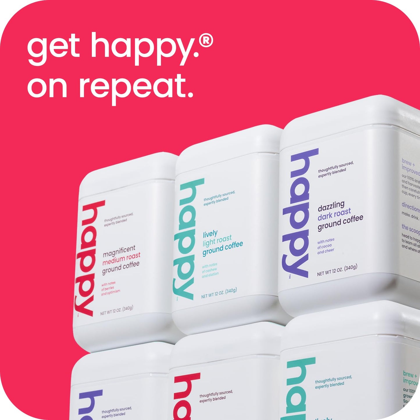 Happy Coffee Medium Roast Ground Coffee, 12 Oz., Notes Of Berries & Optimism, Recyclable Container, Grown & Harvested In Brazil