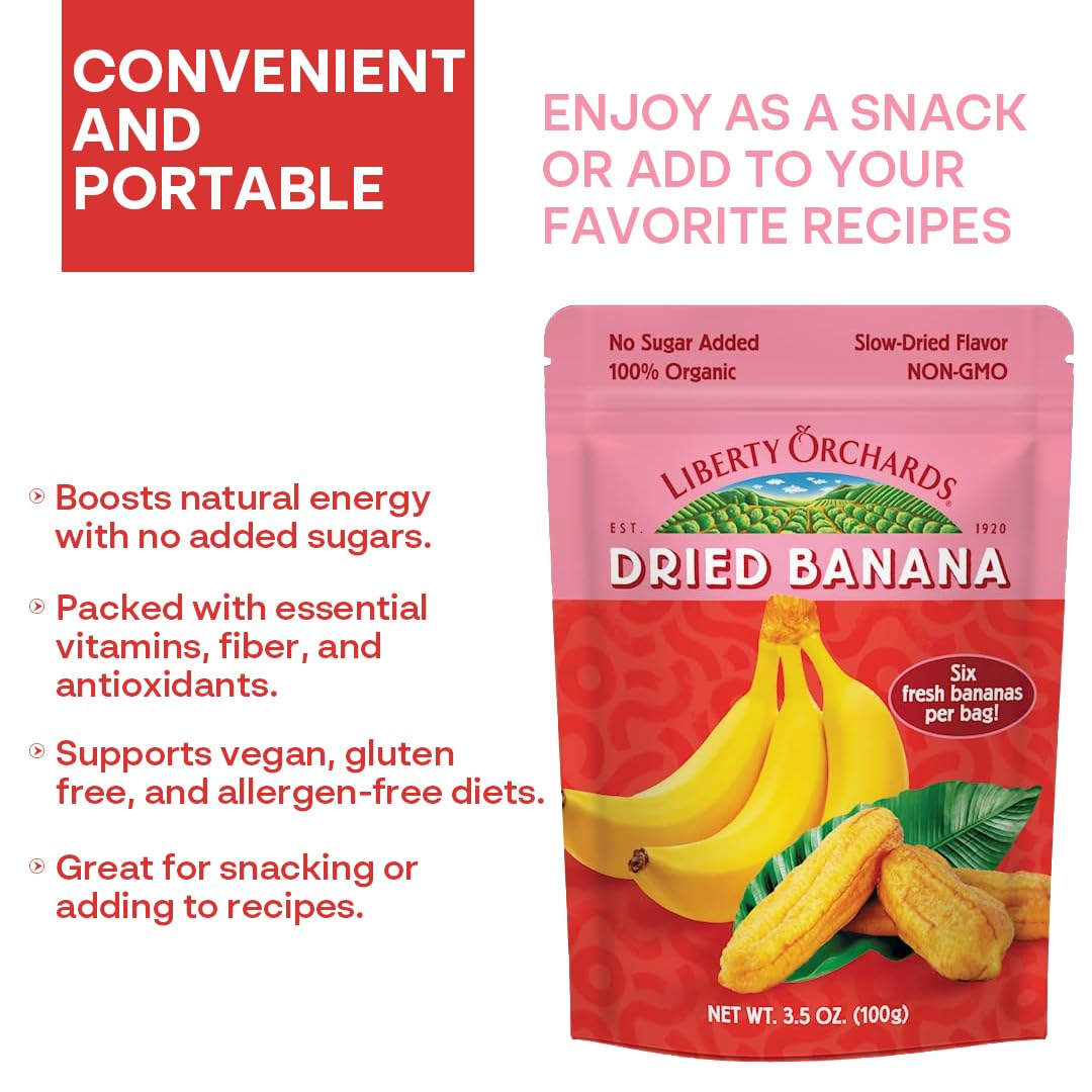 Liberty Orchard Organic Whole Dried Banana - Naturally Sweetened Dried Fruit Snack For Healthy Digestion & Busy Lifestyles - Del