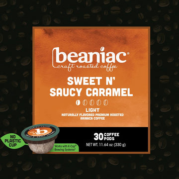 beaniac Sweet n' Saucy Caramel Light Roast K Cup Coffee Pods, 30 Count, Compostable, Arabica Coffee, Compatible with Keurig Brewer