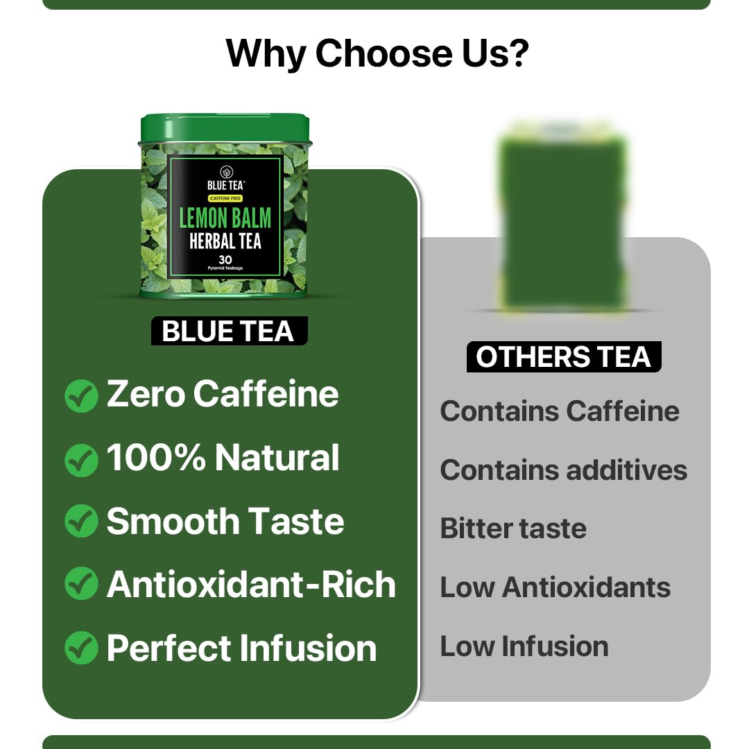 BLUE TEA Lemon Balm Tea - Caffeine Free, Vegan, Gluten Free - 30 Tea Bags - Tin Pack