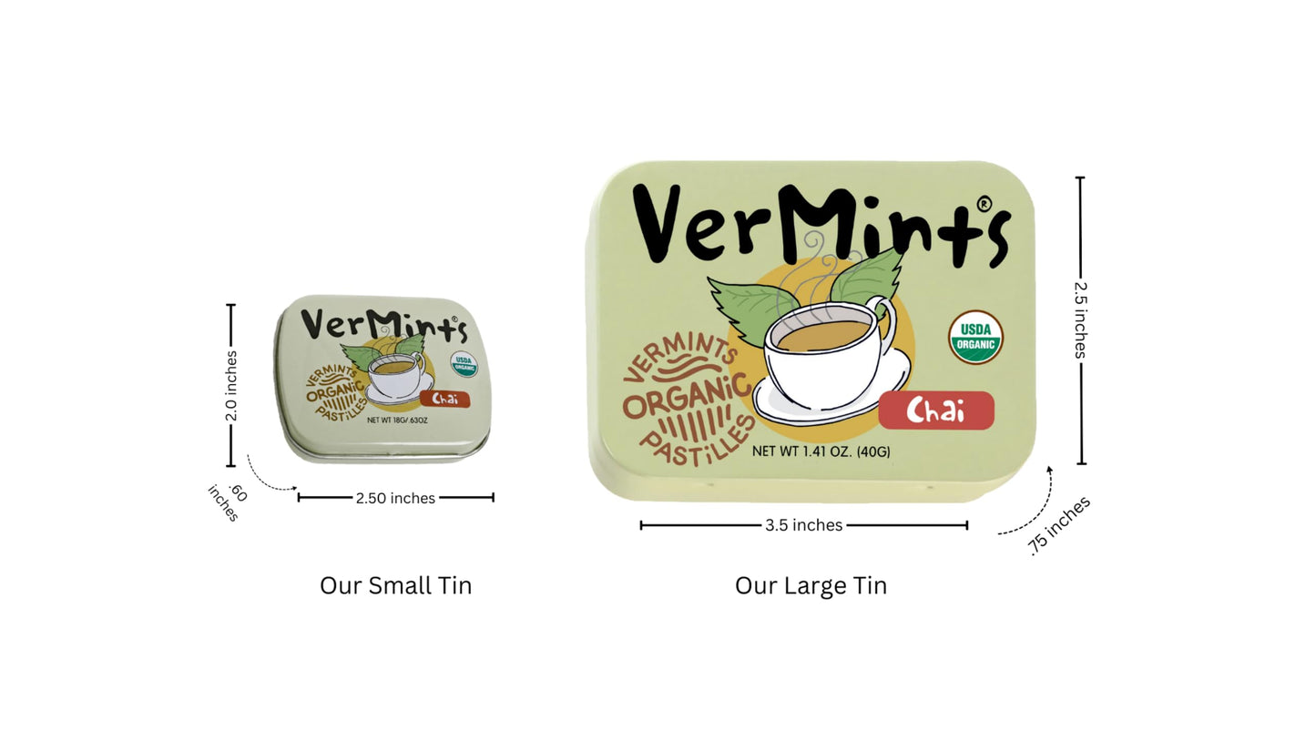 Organic Breath Mints By Vermints, Chai Flavor, Pack Of 6,1.41Oz Tins All Natural Pastilles, Non-Gmo, Nut Free, Gluten Free, Vegan, Ksa Kosher