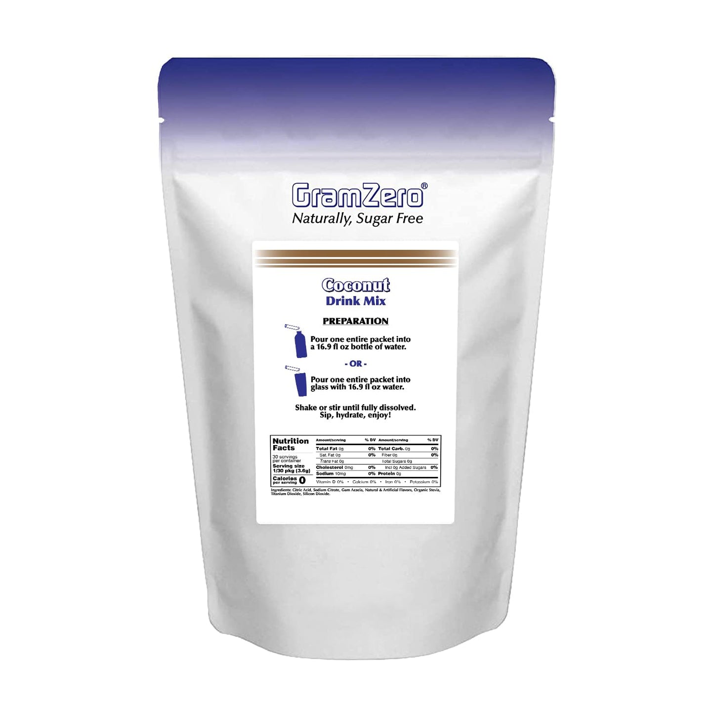 Gramzero 2Go Sticks - Coconut, Zero Calorie Sugar Free Drink Mix, Stevia Sweetened, Great For Nutrition Club Loaded Tea To Go Ki