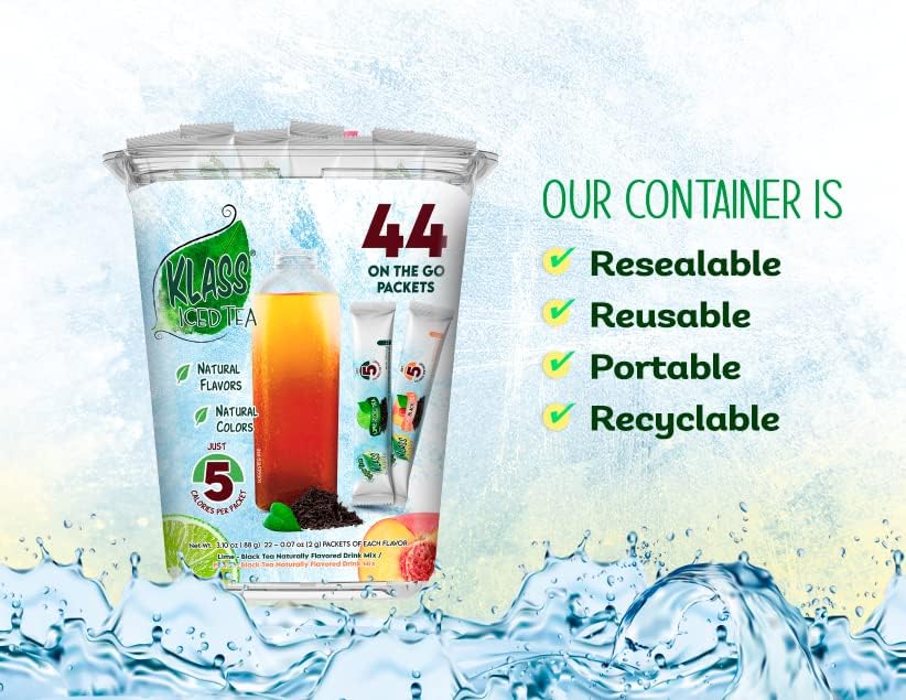 Klass Iced Tea Drink Mix - Sugar Free Variety Pack - Peach & Lime Black Tea On-The-Go! (44 Count Powder Stick Packs) 5 Calories Per Packet