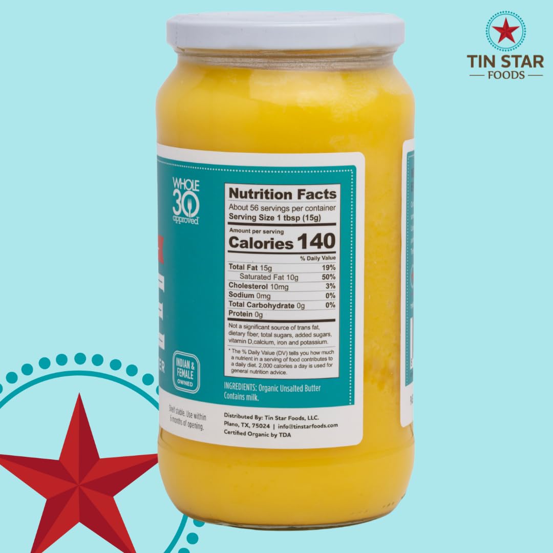 Tin Star Foods Grassfed Organic Ghee -365 Pasture Grazed, Hand Crafted Clarified Butter - Keto, Whole 30 And 21 Day Detox Approv