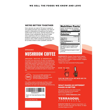 Terrasoul Superfoods Organic Instant Mushroom Coffee, 30 Servings, 4.75Oz - Fair-Trade | Freeze-Dried | Medium Roast | Arabica B
