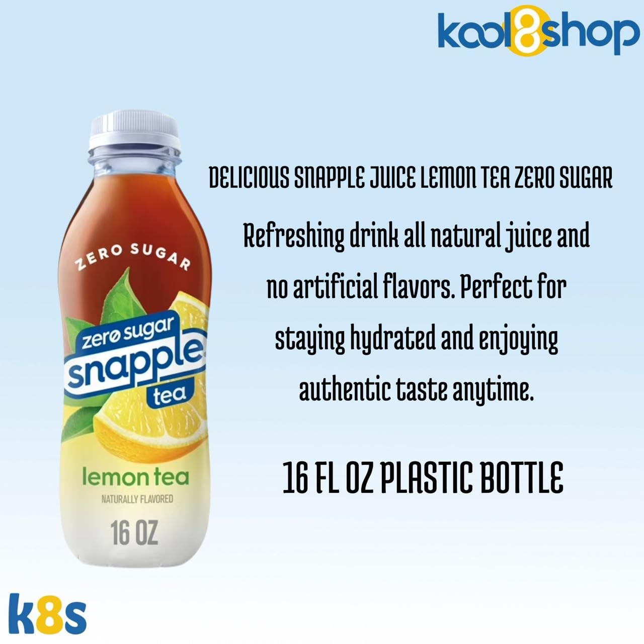 Snapple Zero Sugar Lemon Tea All Natural Iced Tea 16 Fl Oz Plastic Bottles 16 Pack + 15 Sugarcane Disposable Straws By Kool8Shop