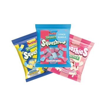 Squashies DrumStick Banana & Blueberry, Strawberry & Cream, Bubblegum Flavors - Variety Pack- 120G (3 PACK BUNDLE) - Imported fr