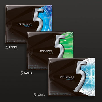 5 GUM Peppermint Cobalt, Spearmint Rain, Wintermint Ascent Sugar-Free Chewing Gum Variety Pack, 15 Packs, WRIGLEY S 15 Stick