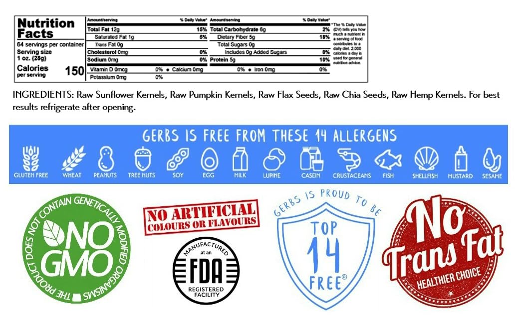 Gerbs Super 5 Seed Snack Mix 4 Lbs. Premium Grade | Top 14 Food Allergy Free | Resealable Bulk Bag | Made In Usa | Raw Pumpkin S