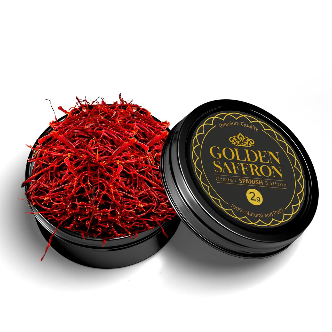 Golden Saffron, Enhanced Spanish Saffron Threads, Pure Red Spanish Saffron Spice Threads, For Culinary Use Such As Tea, Paella Rice, Risotto, Tachin, Basmati Rice (2 Grams)