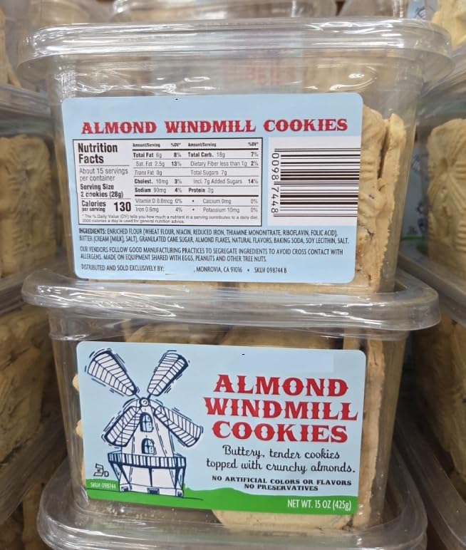Trader Joe's Almond Windmill Cookies, 15oz (Two Tubs) - Delicious, Crunchy Treats for Snacking and Sharing