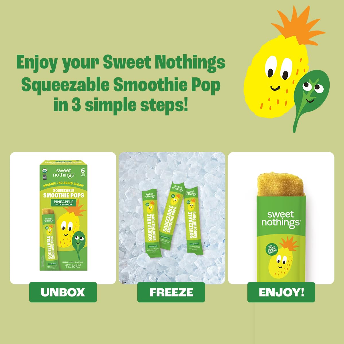 Sweet Nothings, Pineapple, Usda Organic Kids' Squeezable Super Fruit Smoothie Freezie Popsicle Pops, Value Pack Of 24 - Dye-Free