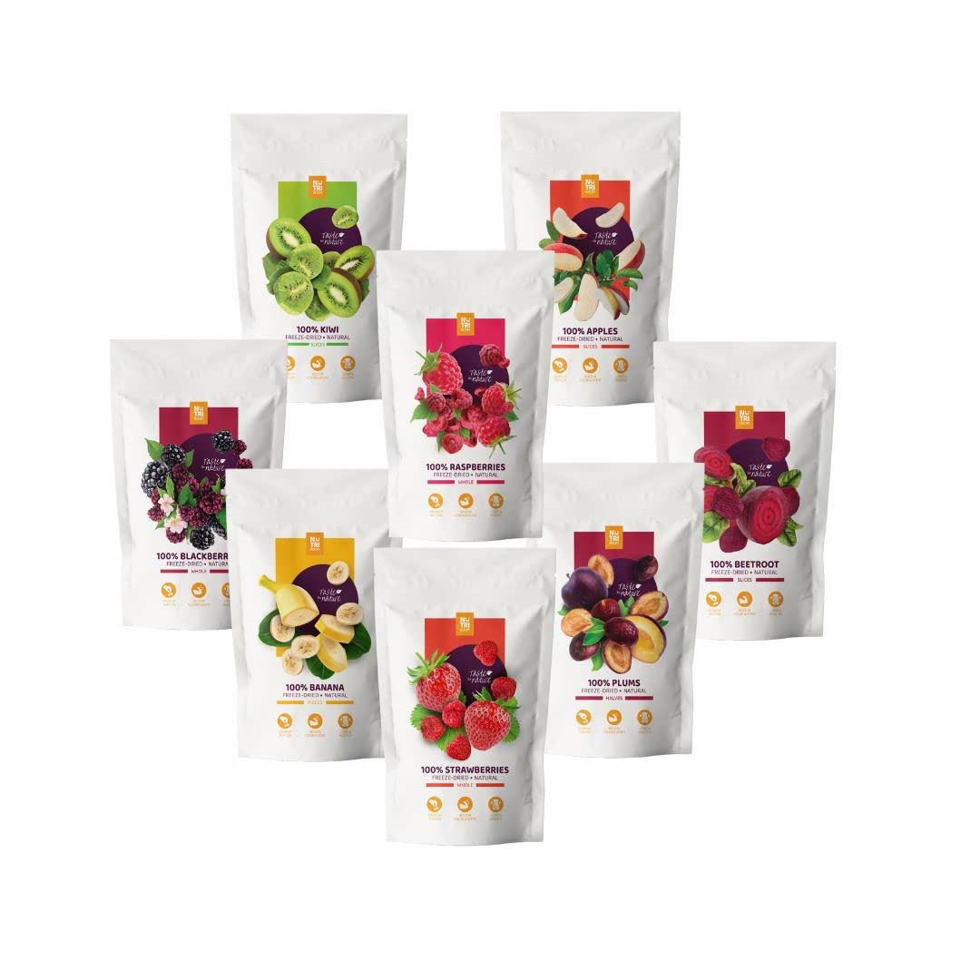 NutriBoom Freeze Dried Snack Box with Freeze-Dried Fruits, Berries and Vegetables, 8 Packs x 500 ml - Healthy Freeze-Dried Snack
