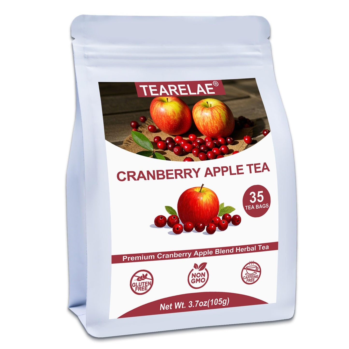 Tearelae - Cranberry Apple Tea Bags 35 Count - Top-Grade Cranberry Herbal Blend Tea With Dried Cranberries Apples Hibiscus Rose Petals & Licorice Root - Energy Blend-Free - Perfect For Daily Refreshment