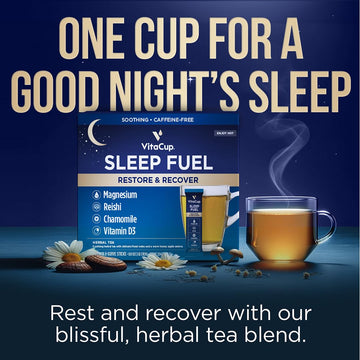 Vitacup Sleep Fuel Instant Tea Packets For Deep Rem Sleep, Relax & De-Stress W/Chamomile, Magnesium, Vitamin D3, Coconut Water,