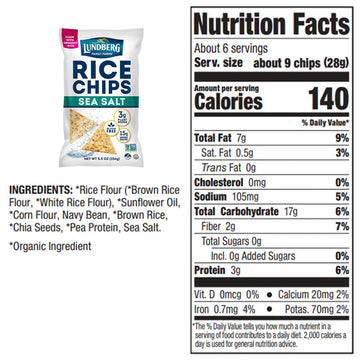 Lundberg Rice Chips, Sea Salt 12-Pack - Plant-Based Snacks Made With Organic California Brown Rice, Pea Protein & Chia Seeds, 5.