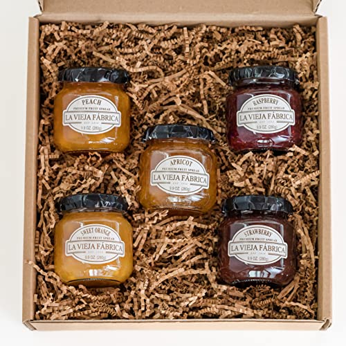 La Vieja Fabrica Fruit Spread Gift Box – Includes Sweet Orange, Peach, Apricot, Raspberry & Strawberry Jam – 9.9 Oz (5 Jars)