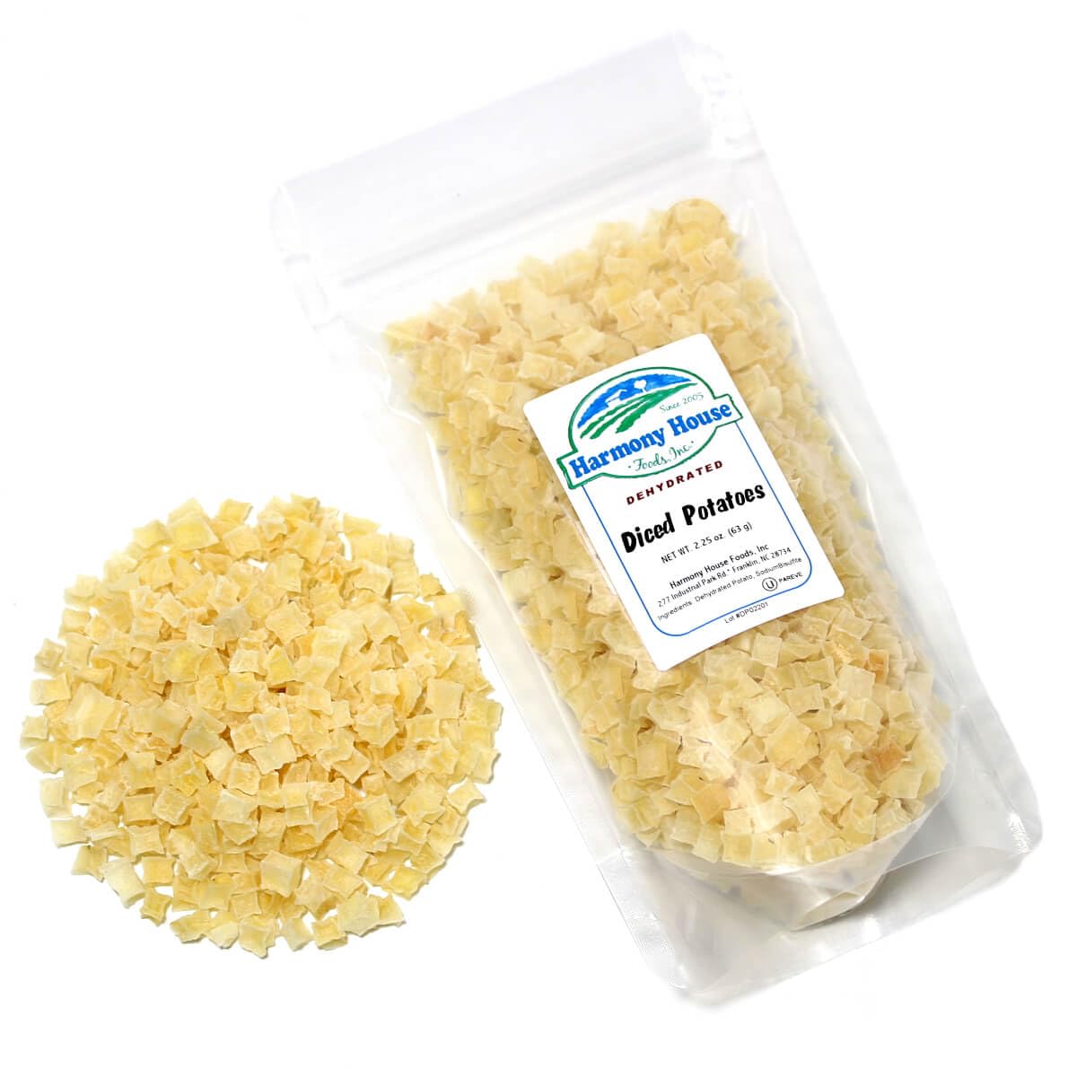 Harmony House Foods Dehydrated Diced Potatoes - Dried Potato Pieces, For Hash Browns, Stews, Soups, Home Fries, And More, 2.25 Ounces