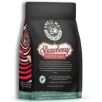 Bones Coffee Company Strawberry Cheesecake Ground Coffee Beans | 12 Oz Medium Roast Low Acid Coffee | Flavored Coffee Gifts & Gourmet Coffee Beverages (Ground)