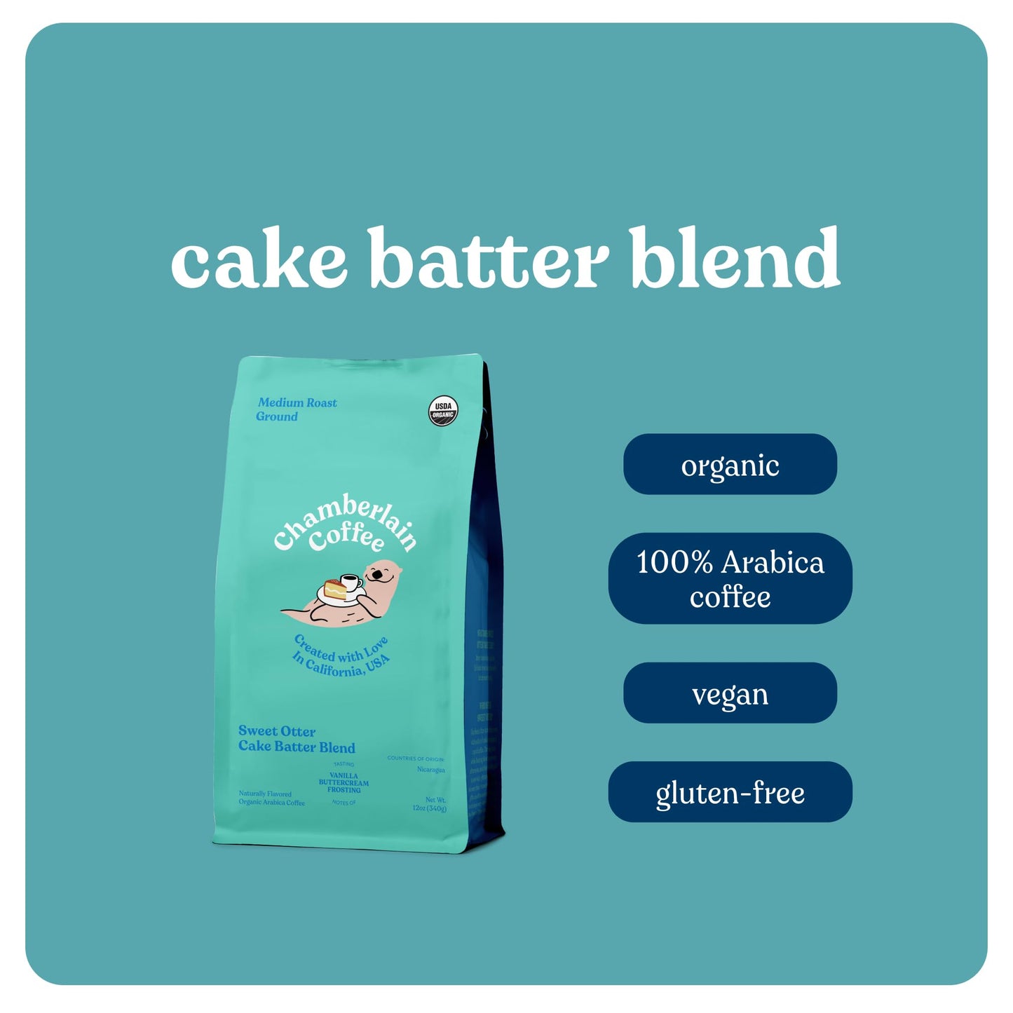 Chamberlain Coffee Sweet Otter Cake Batter Blend - Medium Roast Ground Coffee Beans With Notes Of Vanilla & Frosting - Specialty Ground Coffee From Nicaragua, Freshly Roasted In California - 12 Oz