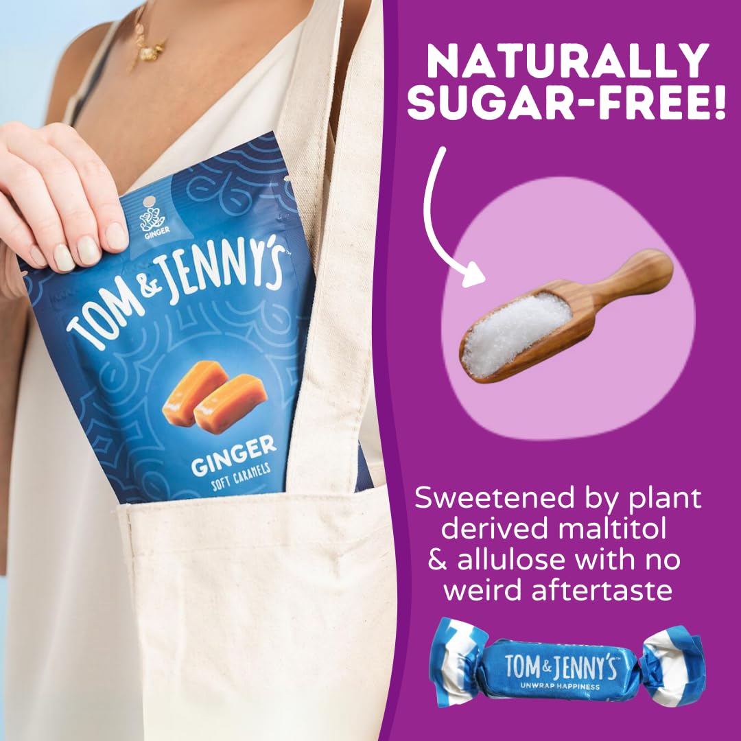 Tom & Jennys Sugar Free Soft Caramel Candy with Sea Salt and Ginger Powder, 2.9 Ounce, Keto Friendly, Low Net Carb