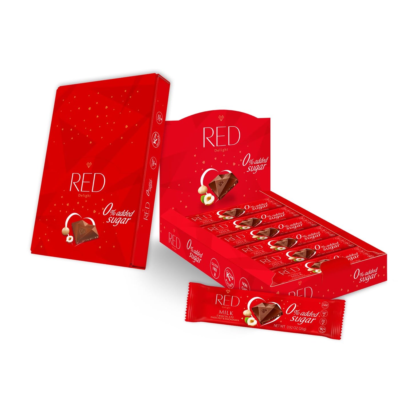Red Delight Hazelnut And Macadamia Milk Chocolate Snack Bars - Pack Of 24 Diamond-Shaped Milk Chocolates (22.08Oz) With Rich Cocoa Flavor - European-Style Chocolates - No Added Sugar And Kosher